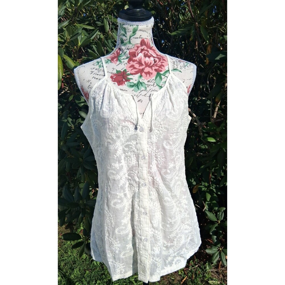Laffaire Women S White Floral Embroidery Cotton Button Front Blouse Boho Cottage